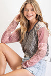 Dream-in animal print mix tribal sleeves V-neck knit top  Ivy and Pearl Boutique Olive Gray S 