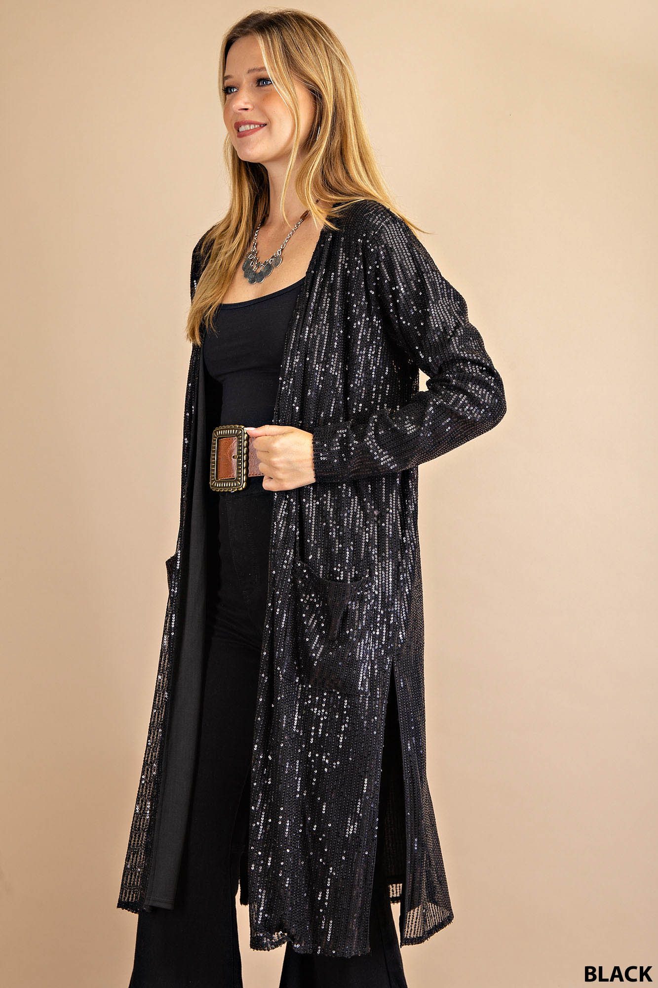 Elegant Black Sequined Duster  Ivy and Pearl Boutique   