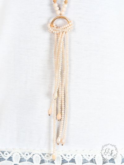 Elegant Ivory Beaded Tassel Necklace with Gold Ring Accent  Ivy and Pearl Boutique   