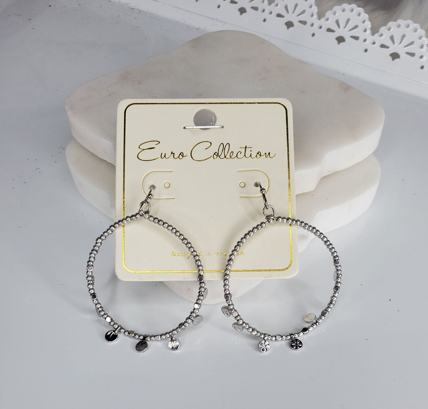 Euro Collection beads on wire with flowered disc loop earrings  Ivy and Pearl Boutique   