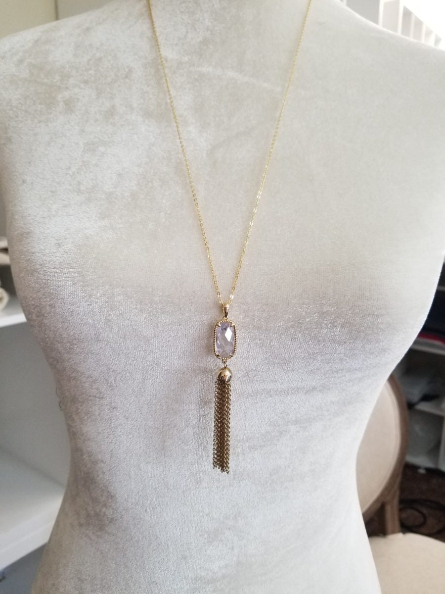 Faceted faux-diamond necklace with golden rope trim and linked chain tassel  Ivy and Pearl Boutique   