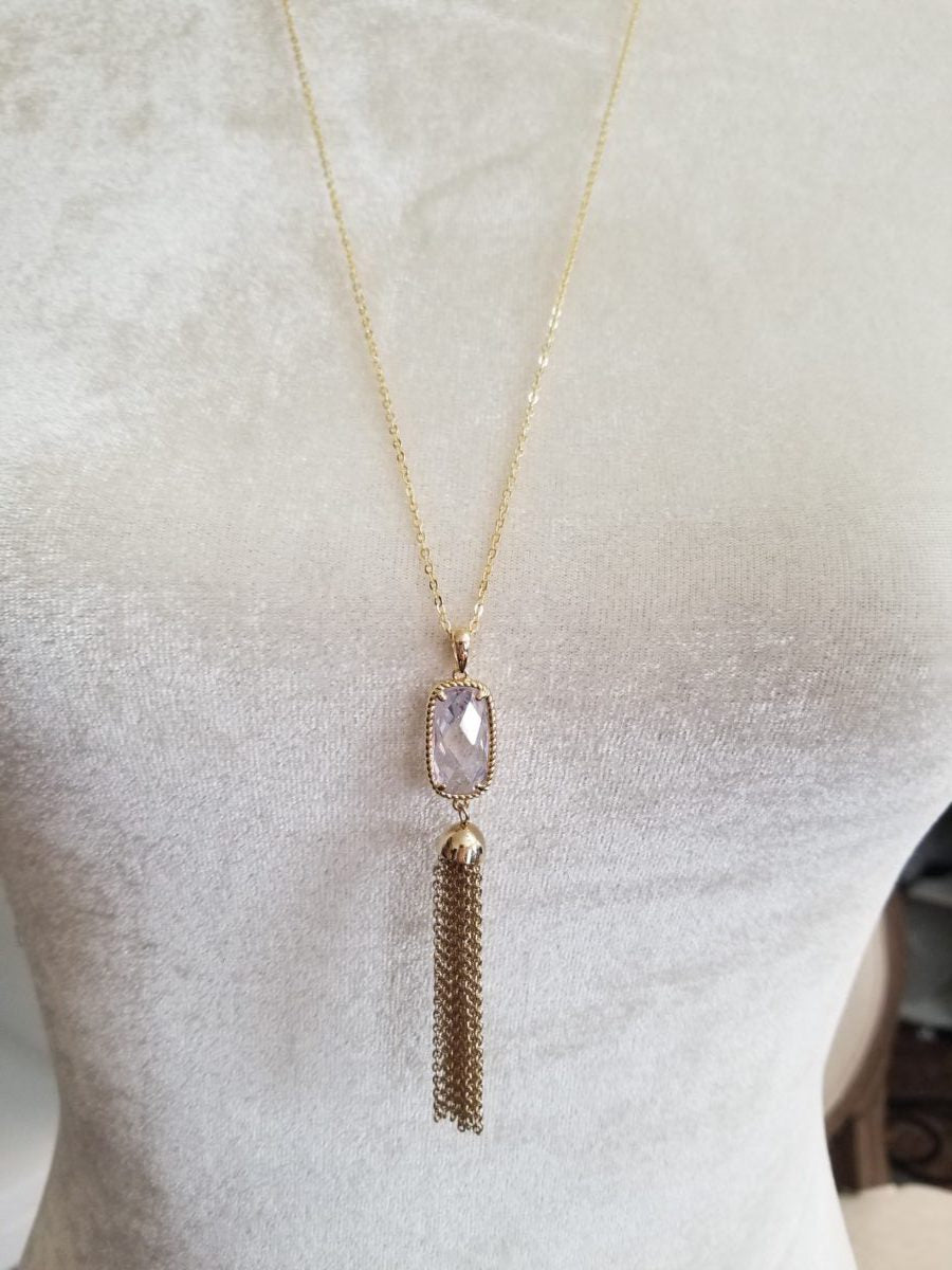 Faceted faux-diamond necklace with golden rope trim and linked chain tassel  Ivy and Pearl Boutique   