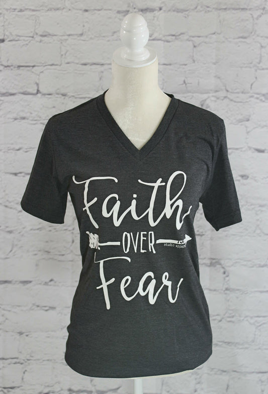 "Faith over Fear" V-neck T-Shirt  Ivy and Pearl Boutique Dark gray S 