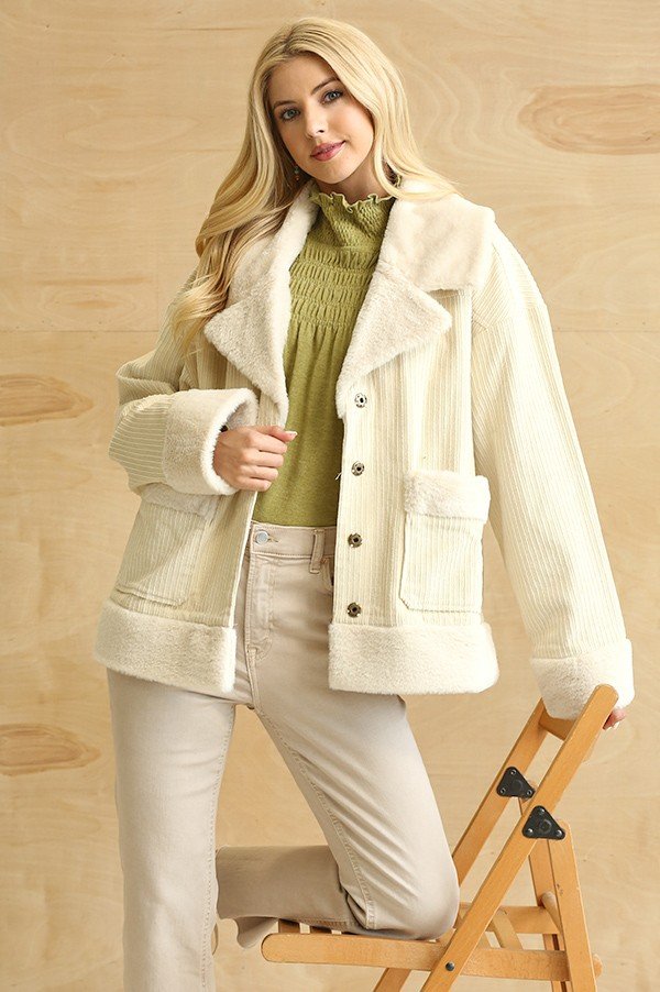Faux fur and corduroy jacket featuring hidden placket and pocket  Ivy and Pearl Boutique   