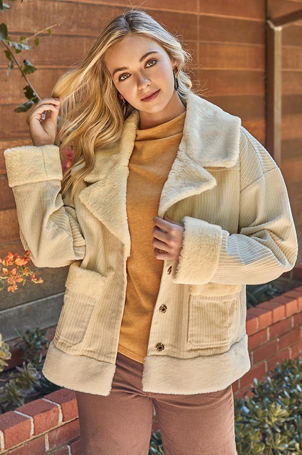 Faux fur and corduroy jacket featuring hidden placket and pocket  Ivy and Pearl Boutique Cream S 