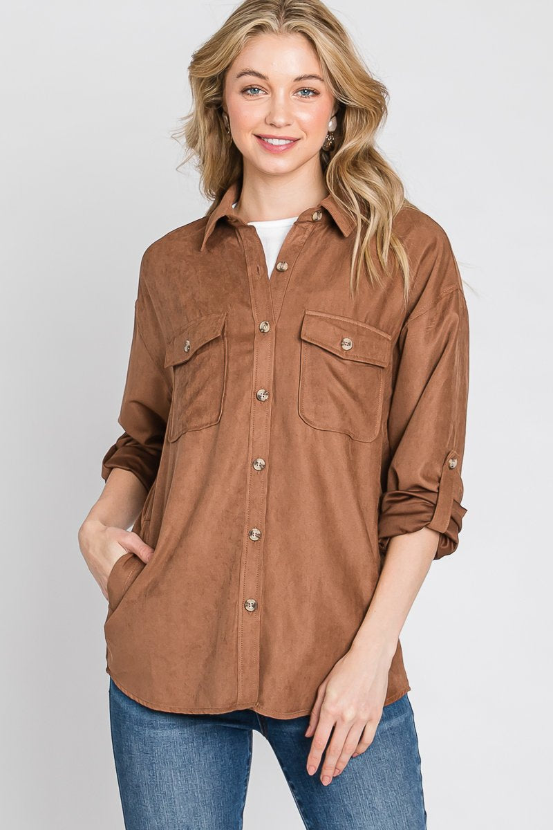 Faux suede classic button-down shirt with button strap long sleeves - multiple colors  Ivy and Pearl Boutique Pecan M/L 