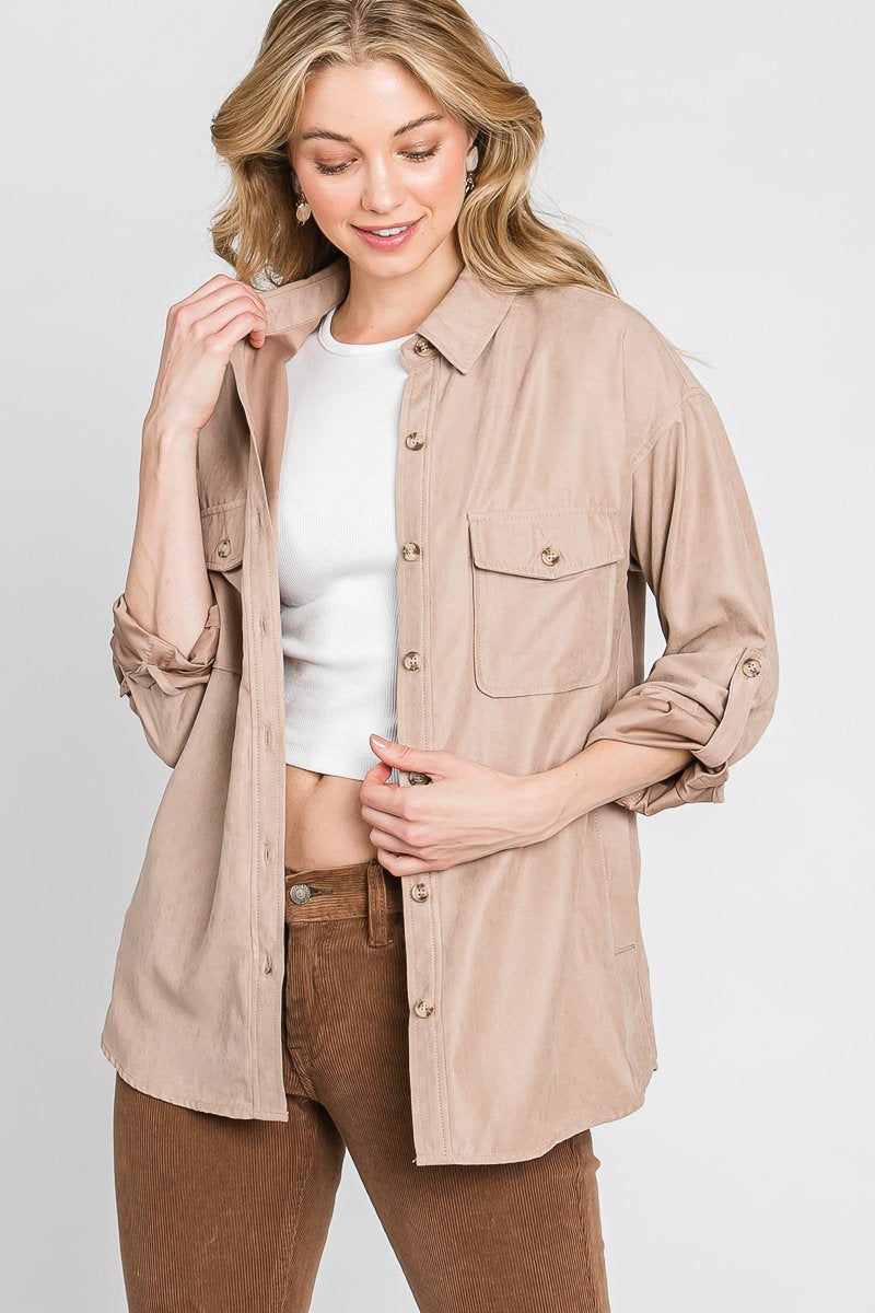Faux suede classic button-down shirt with button strap long sleeves - multiple colors  Ivy and Pearl Boutique Taupe M/L 