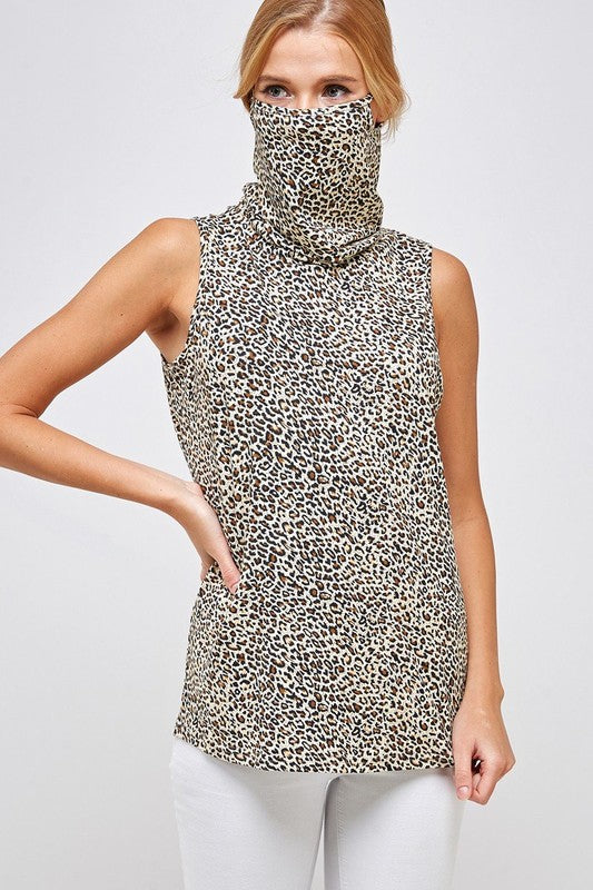 Fitted High Neck Sleeveless Top with Built-In Face Mask  Ivy and Pearl Boutique Brown Leopard S 