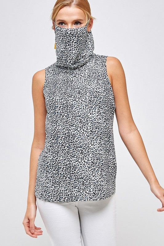 Fitted High Neck Sleeveless Top with Built-In Face Mask  Ivy and Pearl Boutique Gray Leopard S 