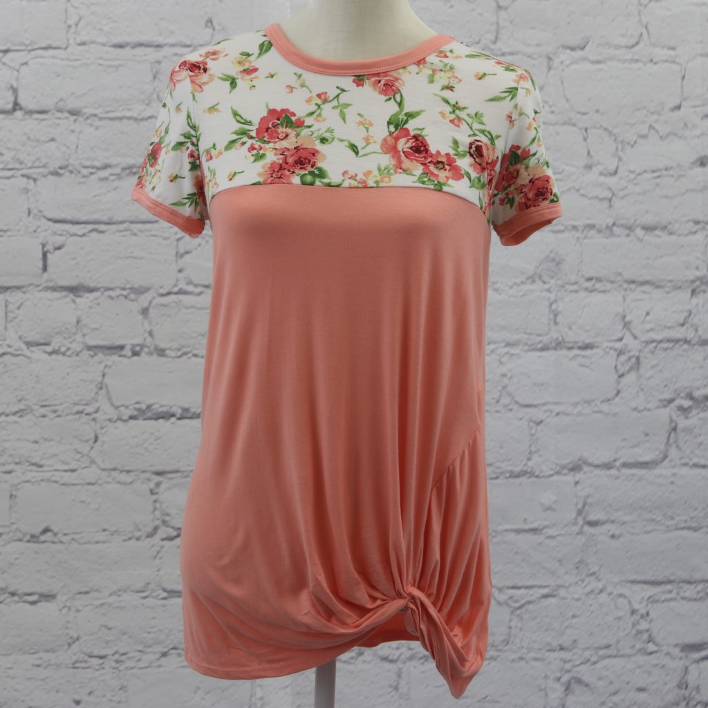 Floral and solid twisted bottom with cap sleeve  Ivy and Pearl Boutique Peach S 