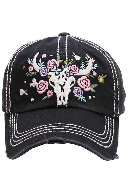 Floral cow skull vintage ball cap  Ivy and Pearl Boutique Black  
