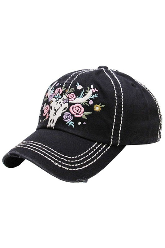 Floral cow skull vintage ball cap  Ivy and Pearl Boutique   