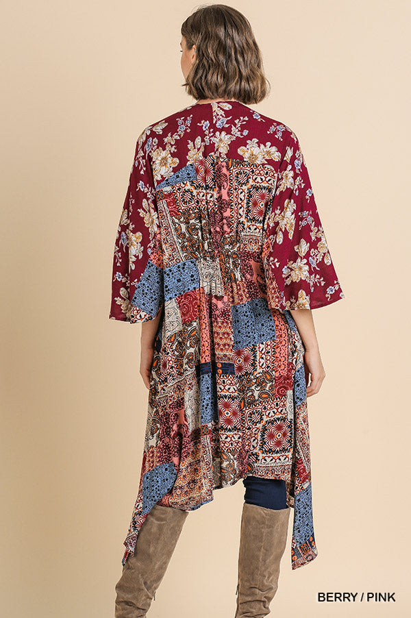 Floral mixed scarf print bell-sleeve open front long kimono with sharkbite hem  Ivy and Pearl Boutique   