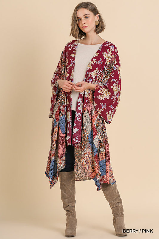 Floral mixed scarf print bell-sleeve open front long kimono with sharkbite hem  Ivy and Pearl Boutique Berry M/L 