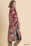 Floral mixed scarf print bell-sleeve open front long kimono with sharkbite hem  Ivy and Pearl Boutique   