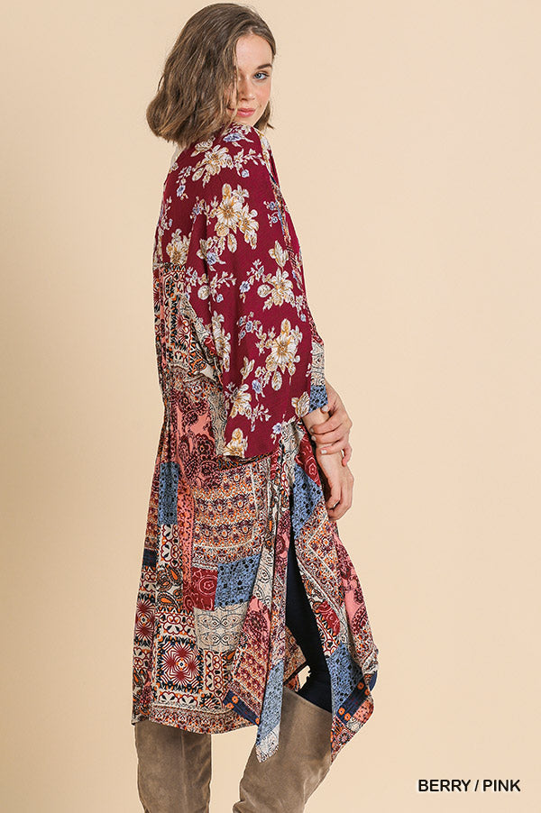 Floral mixed scarf print bell-sleeve open front long kimono with sharkbite hem  Ivy and Pearl Boutique   