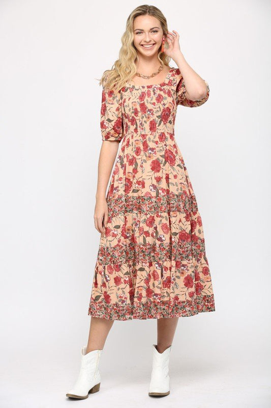 Floral Print Mixed and Smocked Bodice Midi Dress with Square Neck  Ivy and Pearl Boutique Rose S 