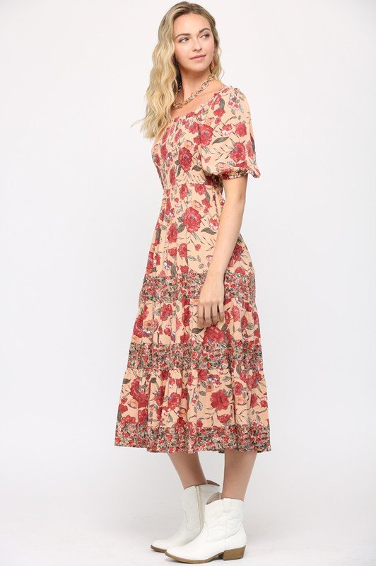 Floral Print Mixed and Smocked Bodice Midi Dress with Square Neck  Ivy and Pearl Boutique   
