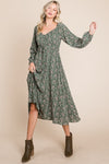 Floral printed puff long sleeve woven midi dress with front tie detail  Ivy and Pearl Boutique   