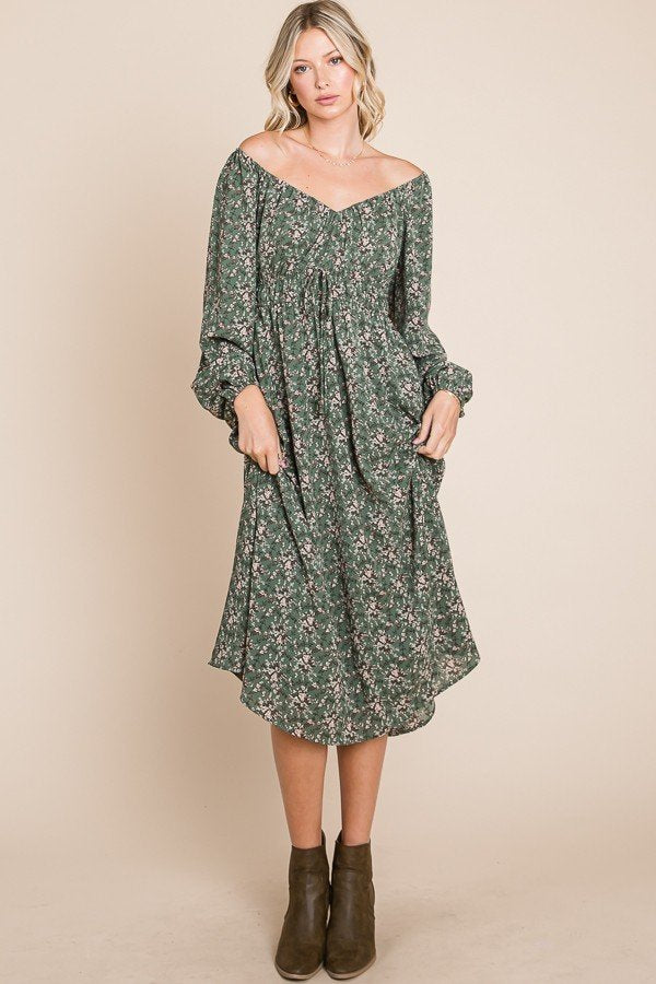 Floral printed puff long sleeve woven midi dress with front tie detail