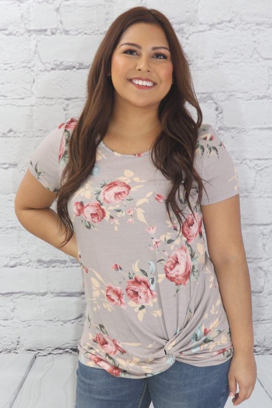 Floral side knot high-low hem top  Ivy and Pearl Boutique Taupe S 
