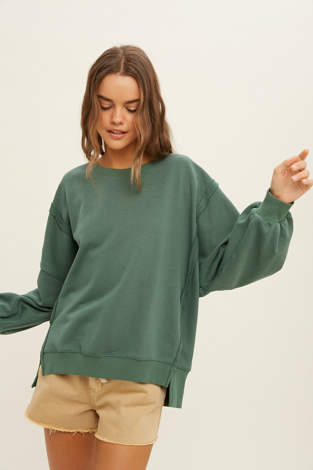 French terry sweatshirt with raw edge detail  Ivy and Pearl Boutique Green S 