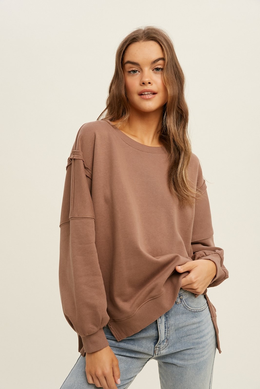 French terry sweatshirt with raw edge detail  Ivy and Pearl Boutique Mocha S 