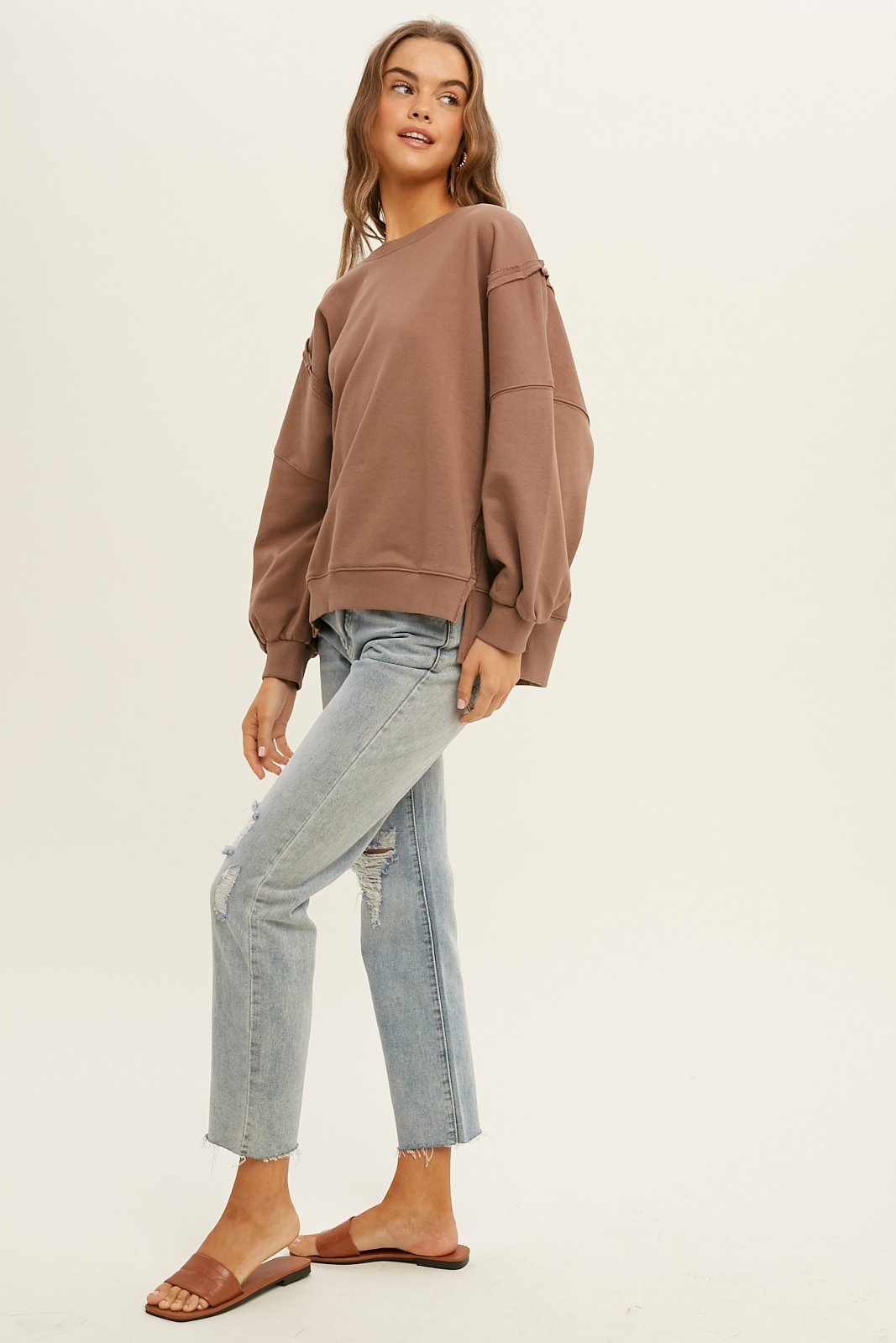 French terry sweatshirt with raw edge detail  Ivy and Pearl Boutique   