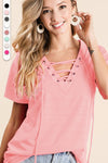 French Terry V-Neck Top with Lace Up Detail  Ivy and Pearl Boutique Blush S 