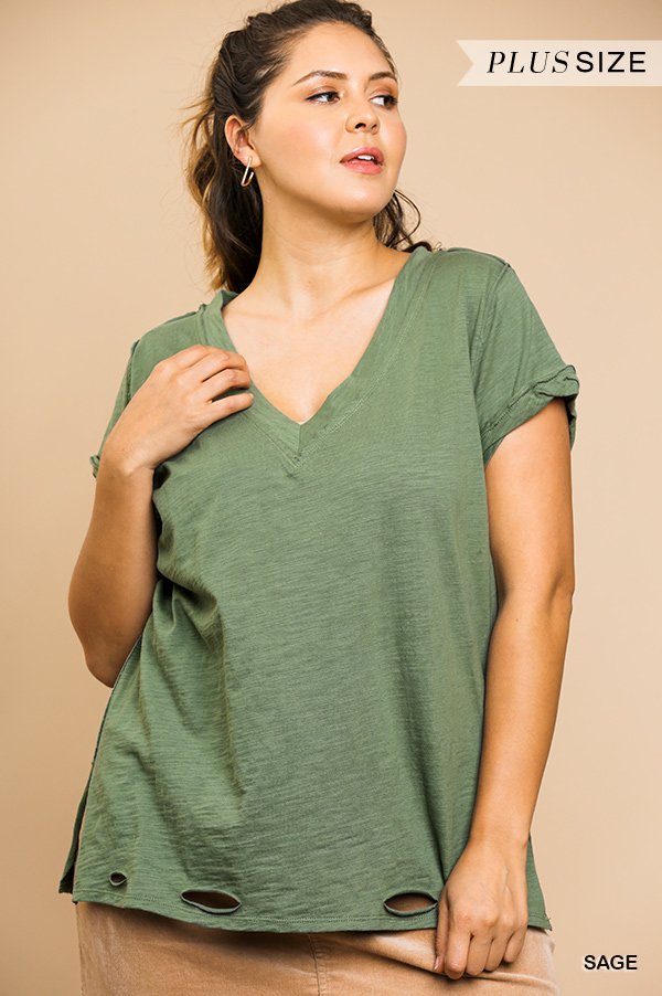 Gathered Short Sleeve V-Neck Knit Top with a Distressed Hem and Side Slits  Ivy and Pearl Boutique Sage XL 