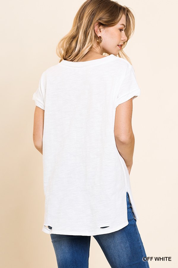 Gathered Short Sleeve V-Neck Knit Top with a Distressed Hem and Side Slits  Ivy and Pearl Boutique   