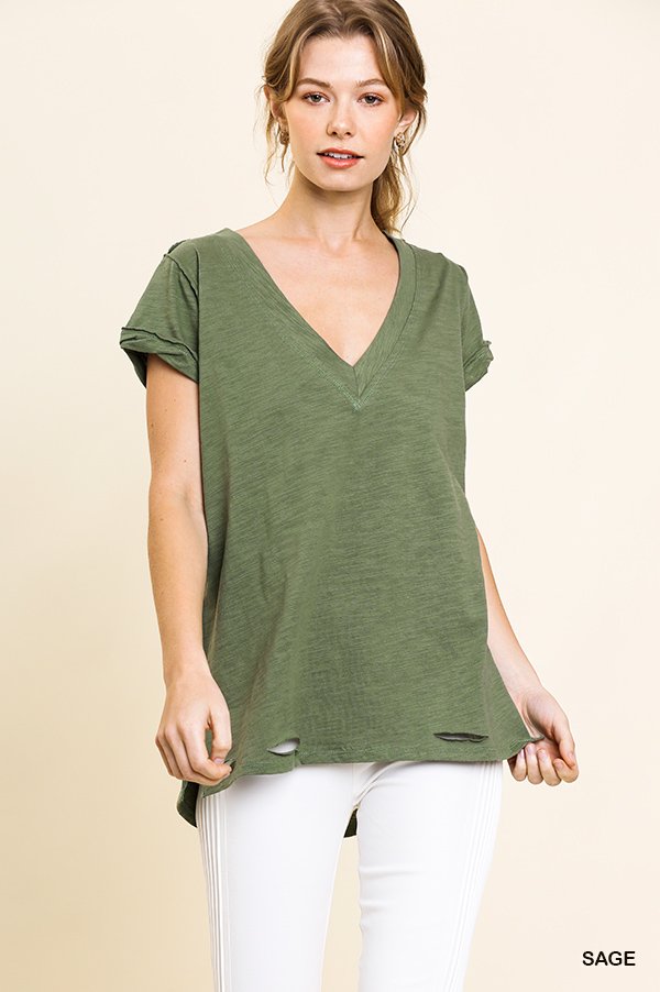 Gathered Short Sleeve V-Neck Knit Top with a Distressed Hem and Side Slits  Ivy and Pearl Boutique Sage S 