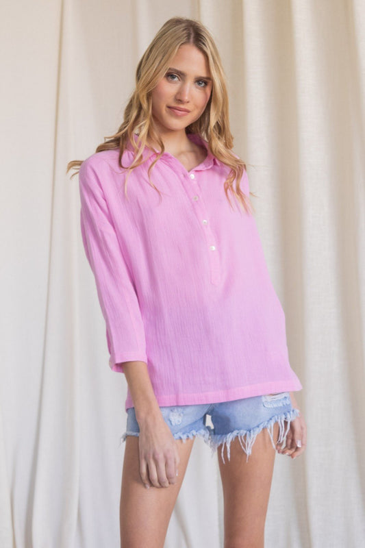 Henley-inspired Gauze Dolman Sleeve Collared Top with Buttoned Neckline  Ivy and Pearl Boutique Pink S 