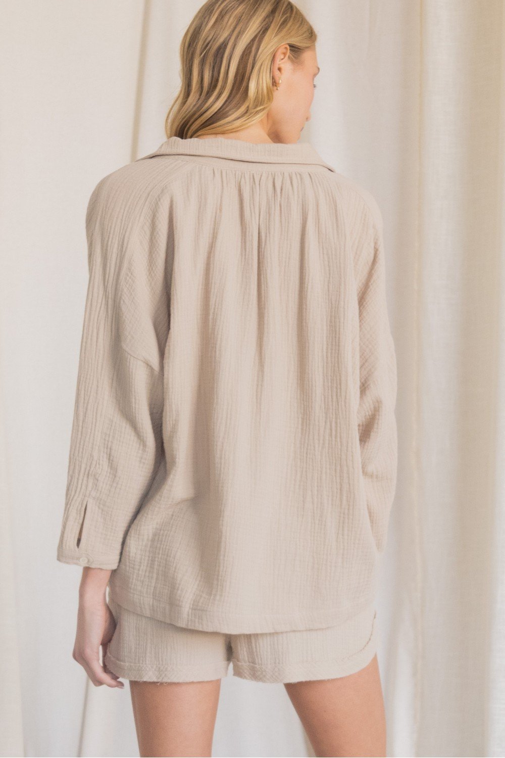 Henley-inspired Gauze Dolman Sleeve Collared Top with Buttoned Neckline  Ivy and Pearl Boutique   