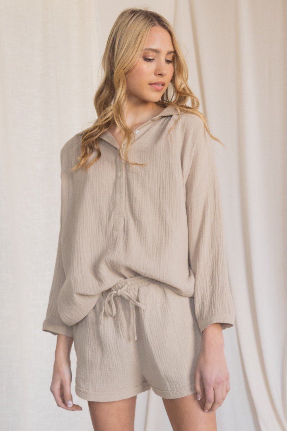 Henley-inspired Gauze Dolman Sleeve Collared Top with Buttoned Neckline  Ivy and Pearl Boutique Sand S 