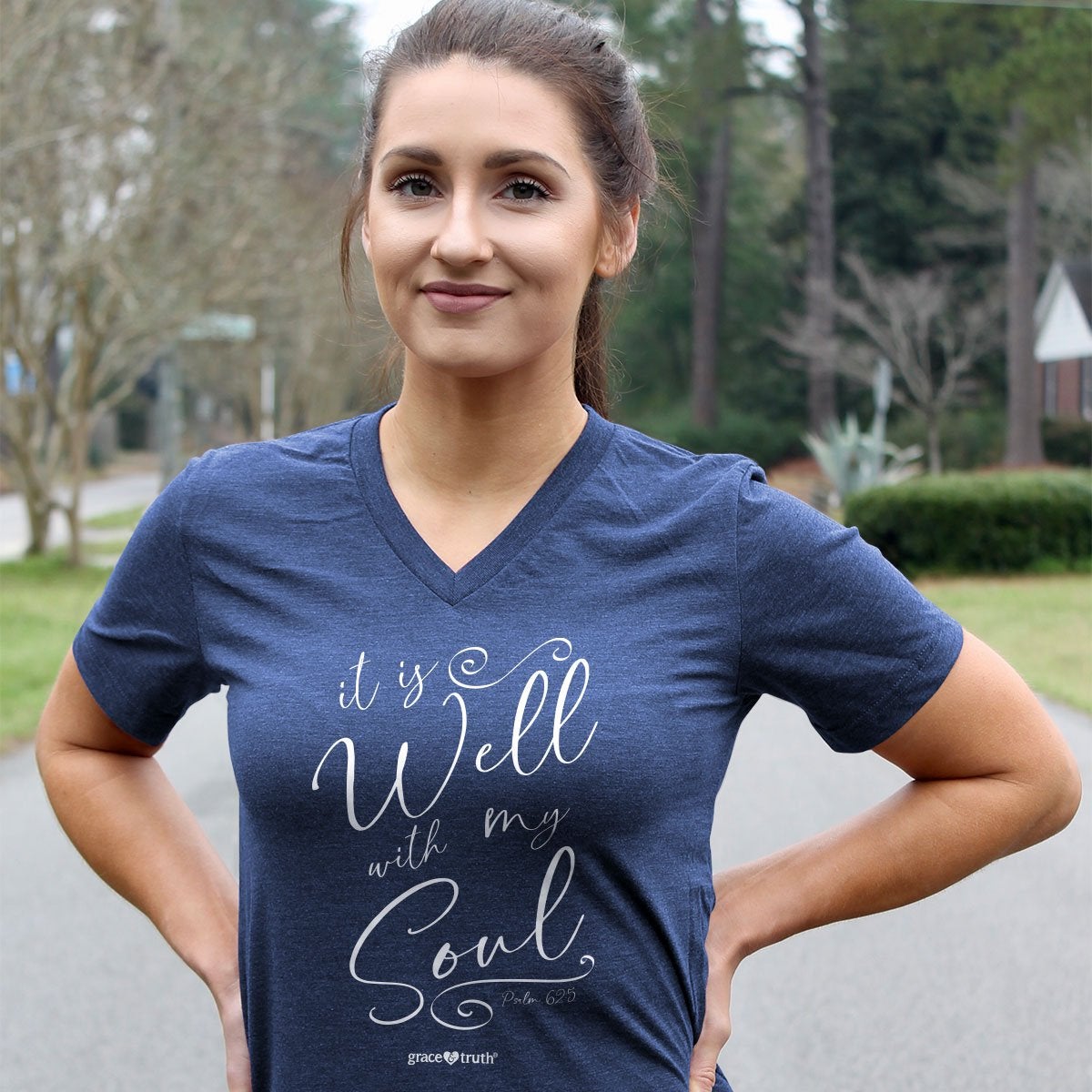 Grace and Truth It is Well with My Soul T-Shirt  Ivy and Pearl Boutique Navy S 