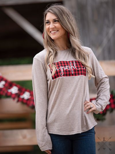 Grateful Plaid Patch on Heathered Beige Longsleeve Tee  Ivy and Pearl Boutique Beige S 