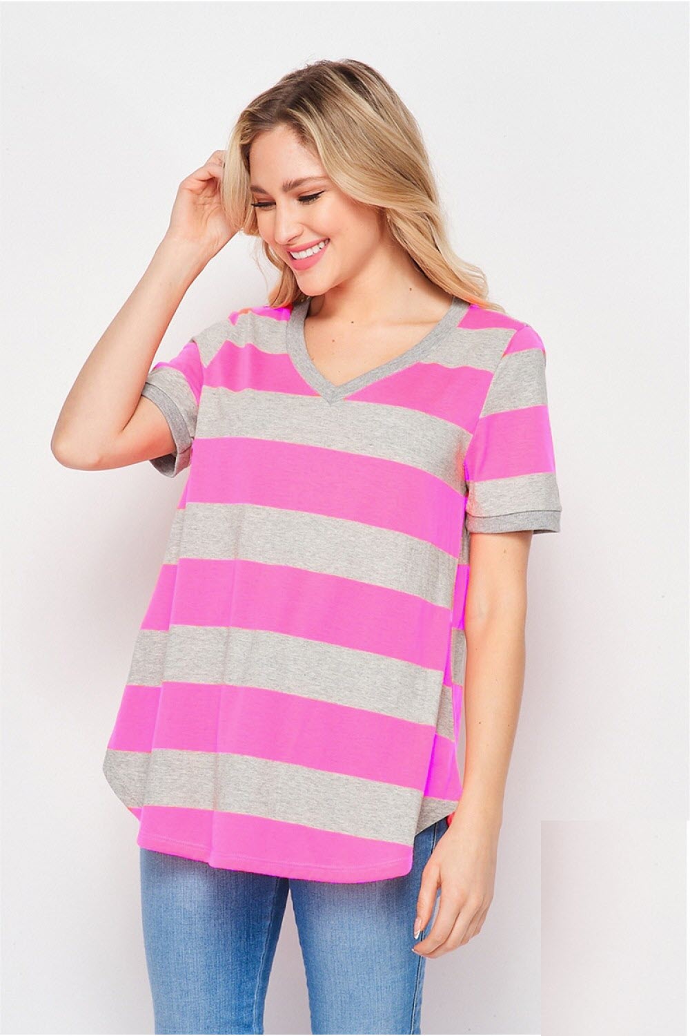 Gray and Hot Pink Striped V-Neck Top  Ivy and Pearl Boutique S  