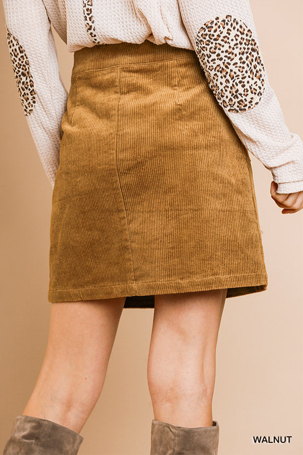 Umgee high waist corduroy A-line button front skirt with pockets  Ivy and Pearl Boutique   