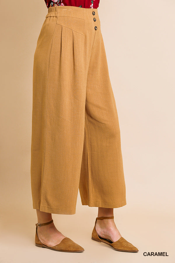 Linen Blend High Waist Wide Leg Pant with Faux Front Buttons and Elastic Waist  Ivy and Pearl Boutique   