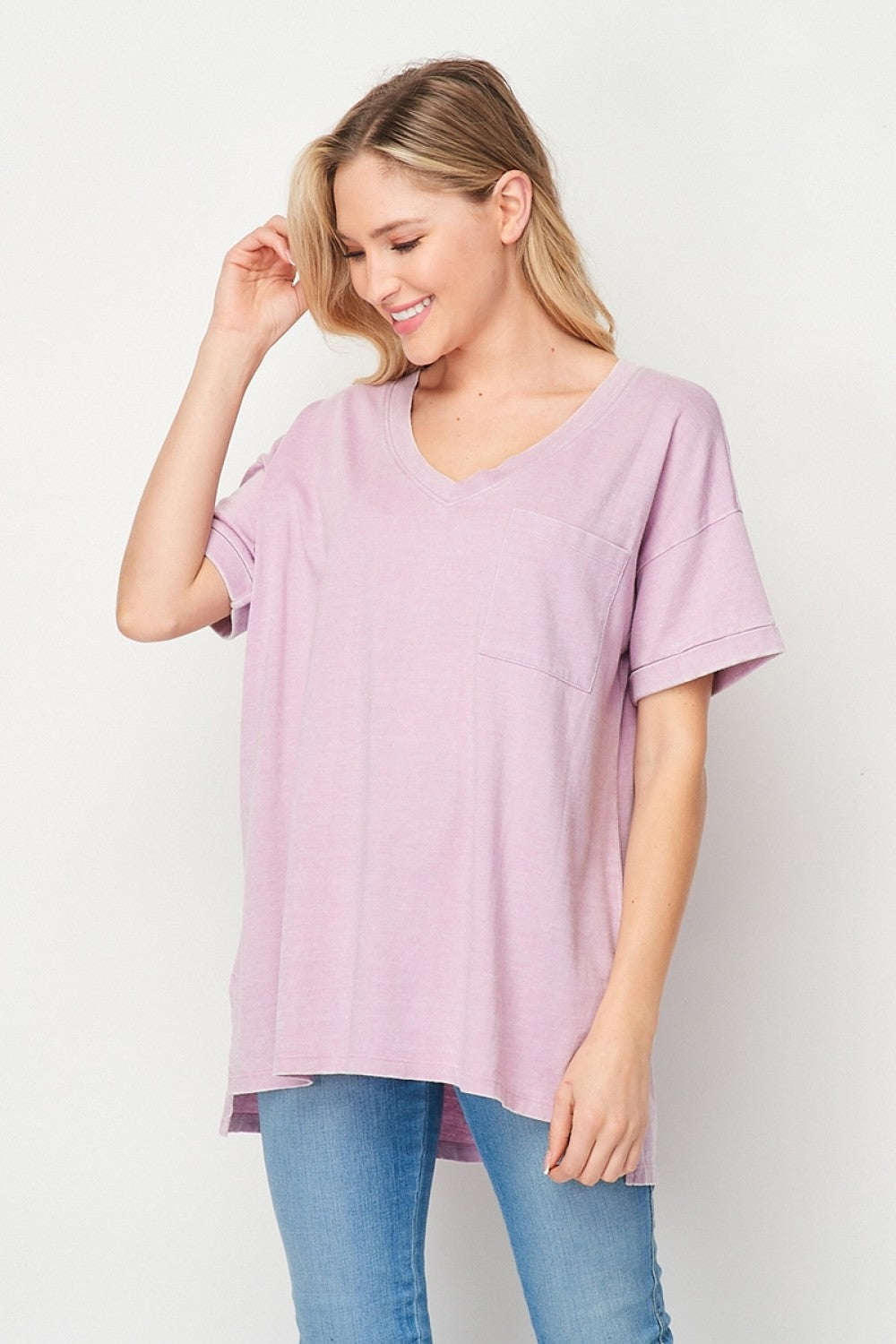 Mineral Wash Cuffed Sleeve Pocket Top  Ivy and Pearl Boutique Purple S 