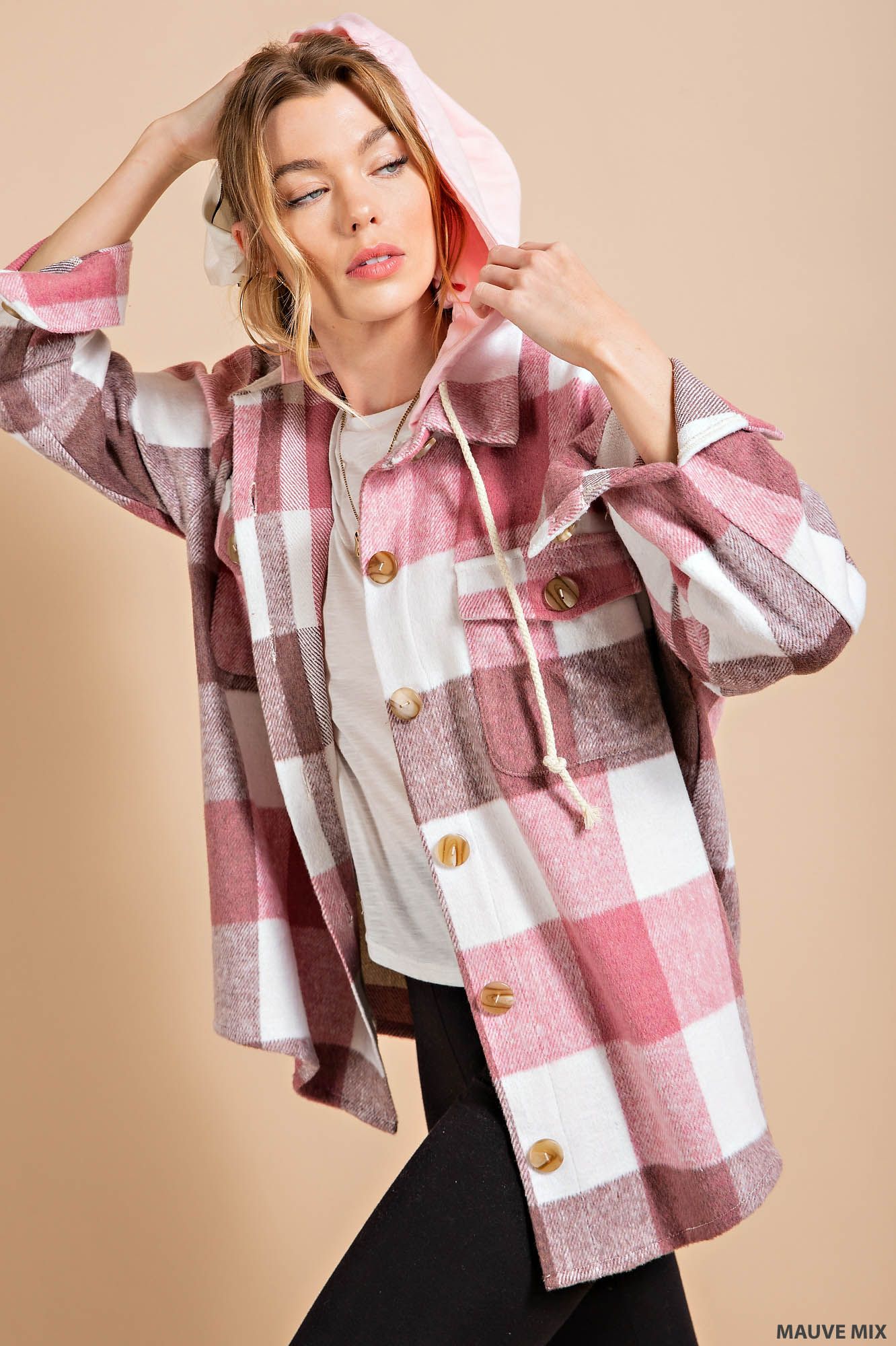 Hooded Plaid shirt jacket (shacket)  Ivy and Pearl Boutique Mauve S 
