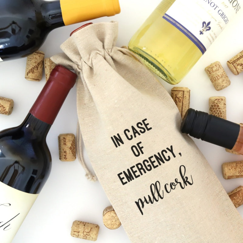 In Case of Emergency Wine Bag with Tie  Ivy and Pearl Boutique   