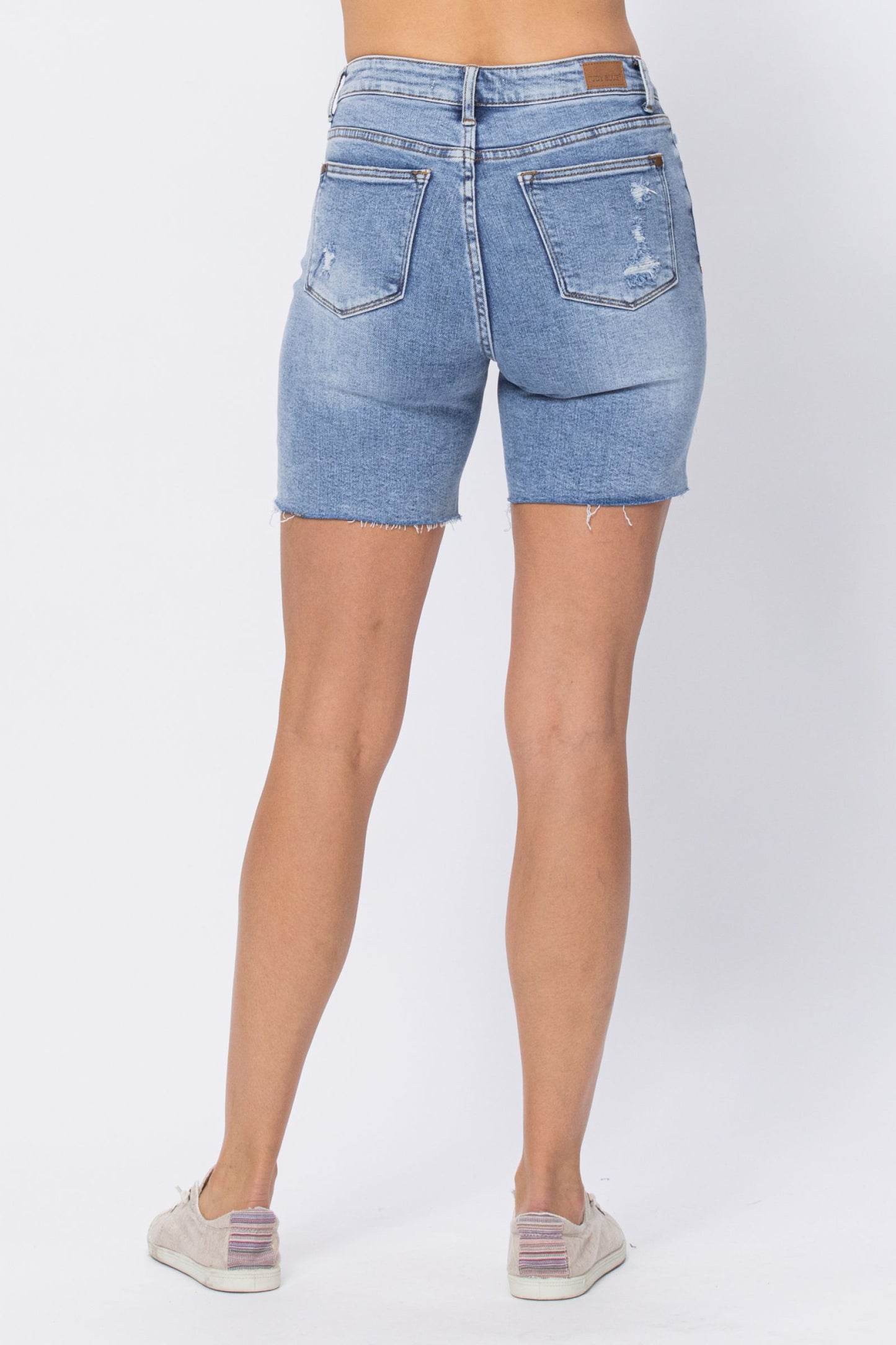 Judy Blue High Waisted Mid Length Denim Patch Shorts  Ivy and Pearl Boutique   