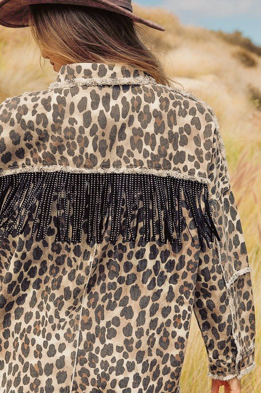 Leopard printed open front shirt with fringe yoke and frayed edge detail  Ivy and Pearl Boutique   