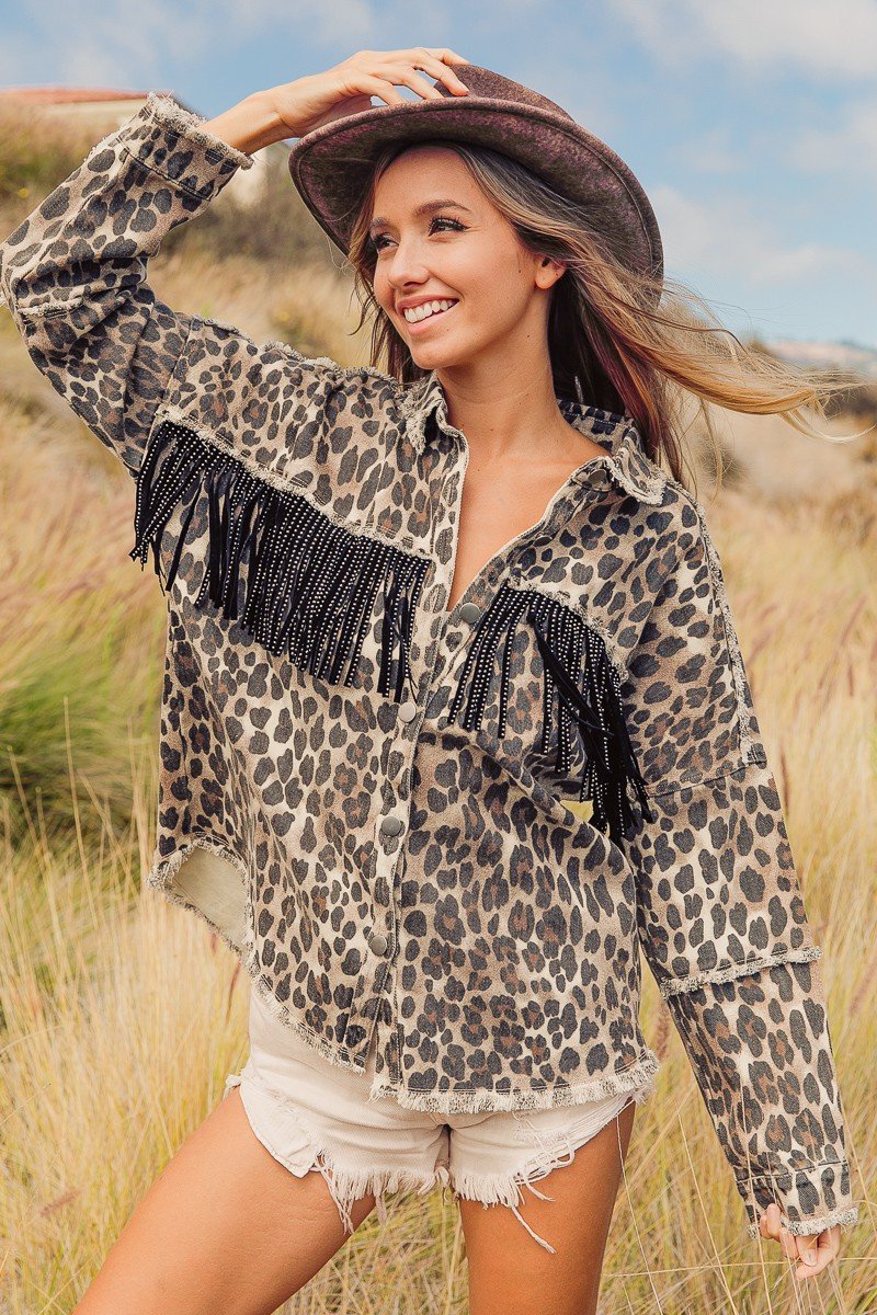 Leopard printed open front shirt with fringe yoke and frayed edge detail