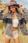 Leopard printed open front shirt with fringe yoke and frayed edge detail  Ivy and Pearl Boutique   
