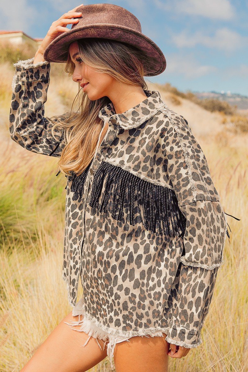 Leopard printed open front shirt with fringe yoke and frayed edge detail