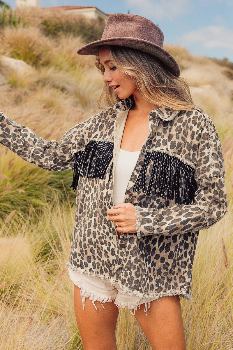 Leopard printed open front shirt with fringe yoke and frayed edge detail  Ivy and Pearl Boutique   