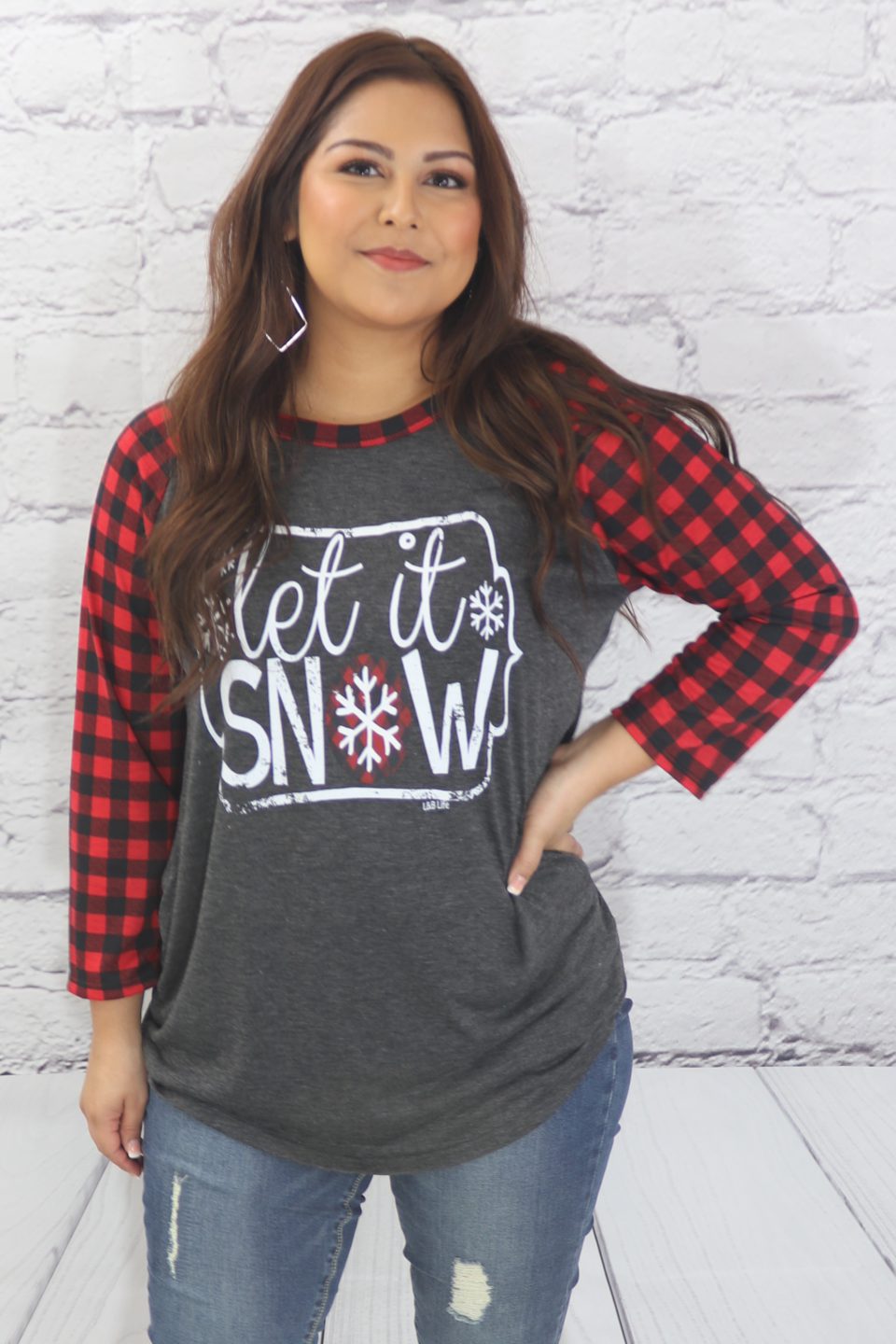 Let it Snow plaid sleeve T-Shirt  Ivy and Pearl Boutique   